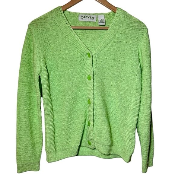 Vintage Y2K Orvis Lime Green Cardigan Button Sweater Cotton Blend Women’s Small - Picture 1 of 3